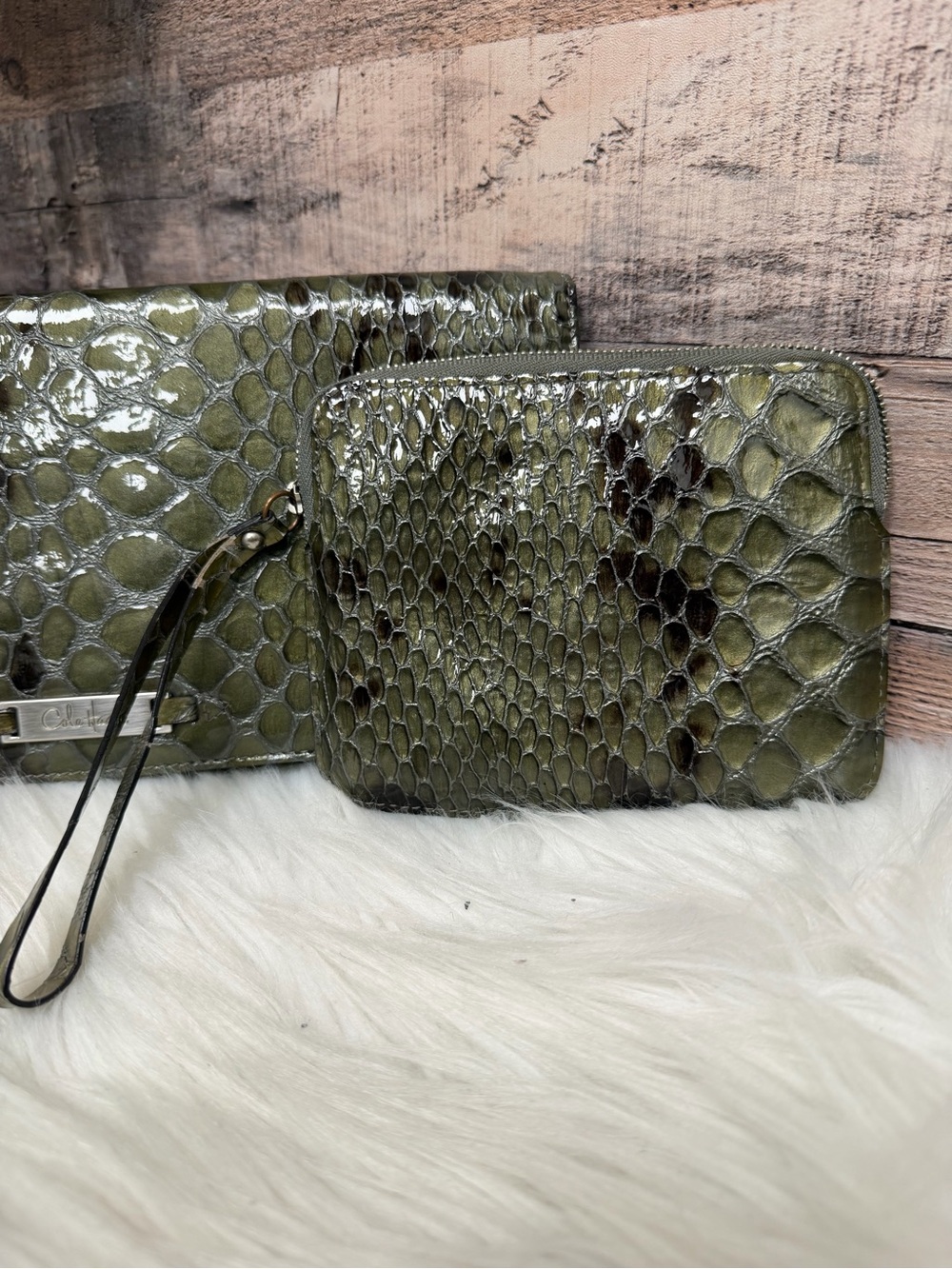 Cole Haan Green Faux Python Leather Clutch And Wallet Set